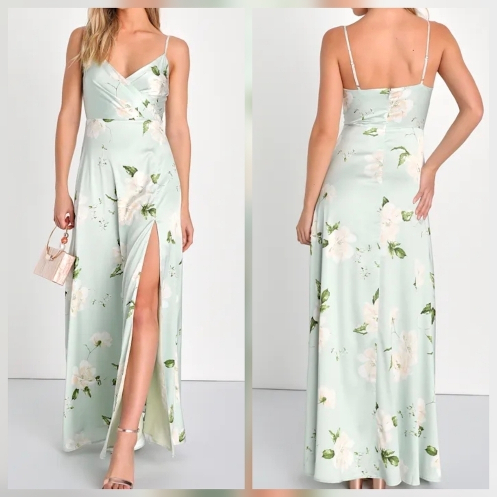 Lulus Radiant Occasion Light Green Mint Floral Satin A-Line Maxi Dress, Large